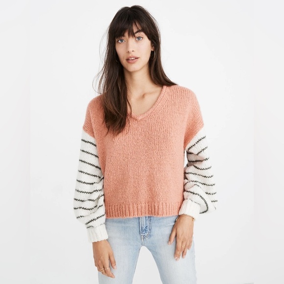 Madewell Balloon-Sleeve Pullover Sweater in Colorblock Long Sleeve Knit V Neck - Picture 1 of 13